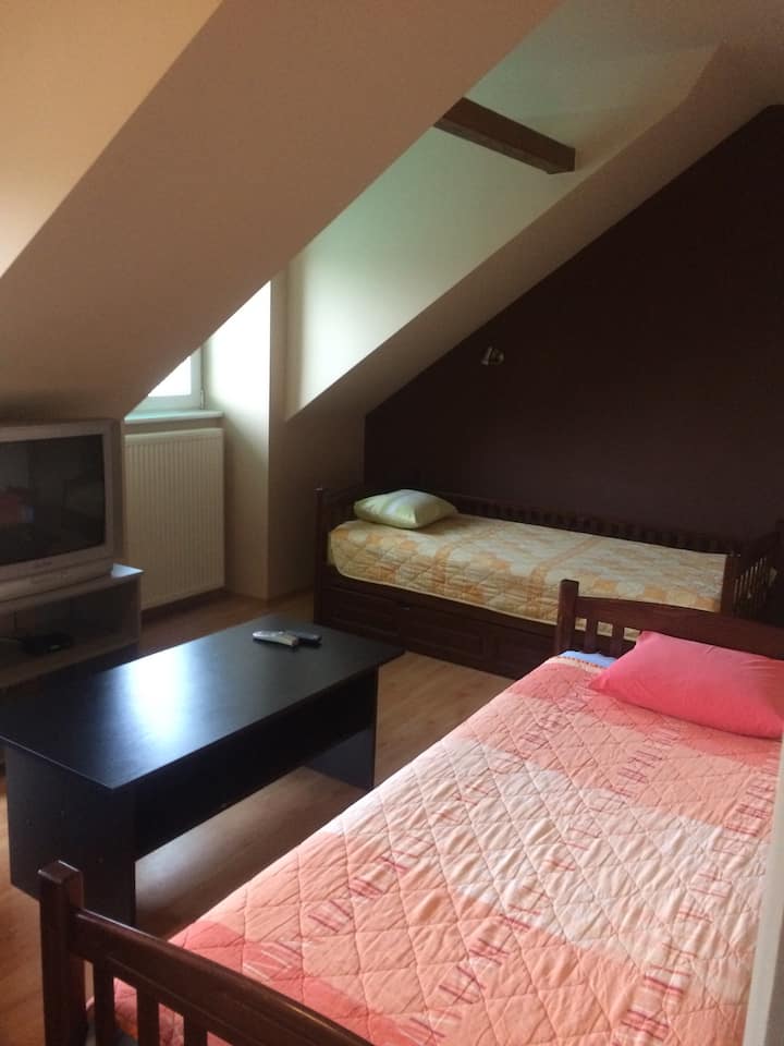 Მეორე საძინებელი ოთახი ორი ერთადგილიანი საწოლით. ძალიან ფართო 25 კვადრატული მეტრი და ტერასა, რომელიც ქუჩის მხარესაა.