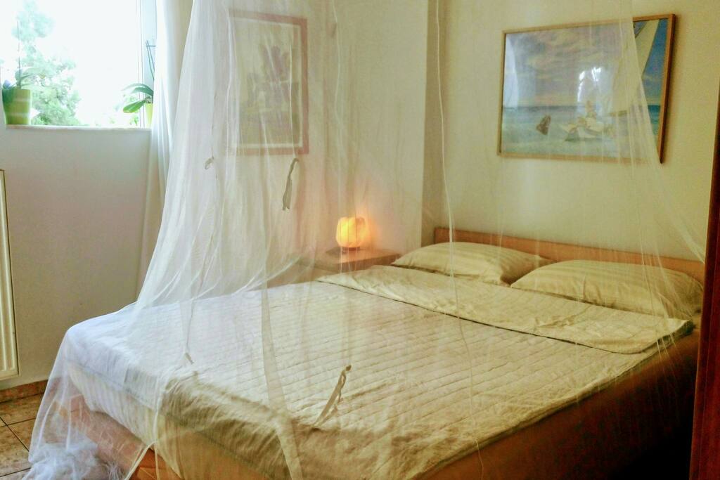 bedroom with mosquito net (removable)