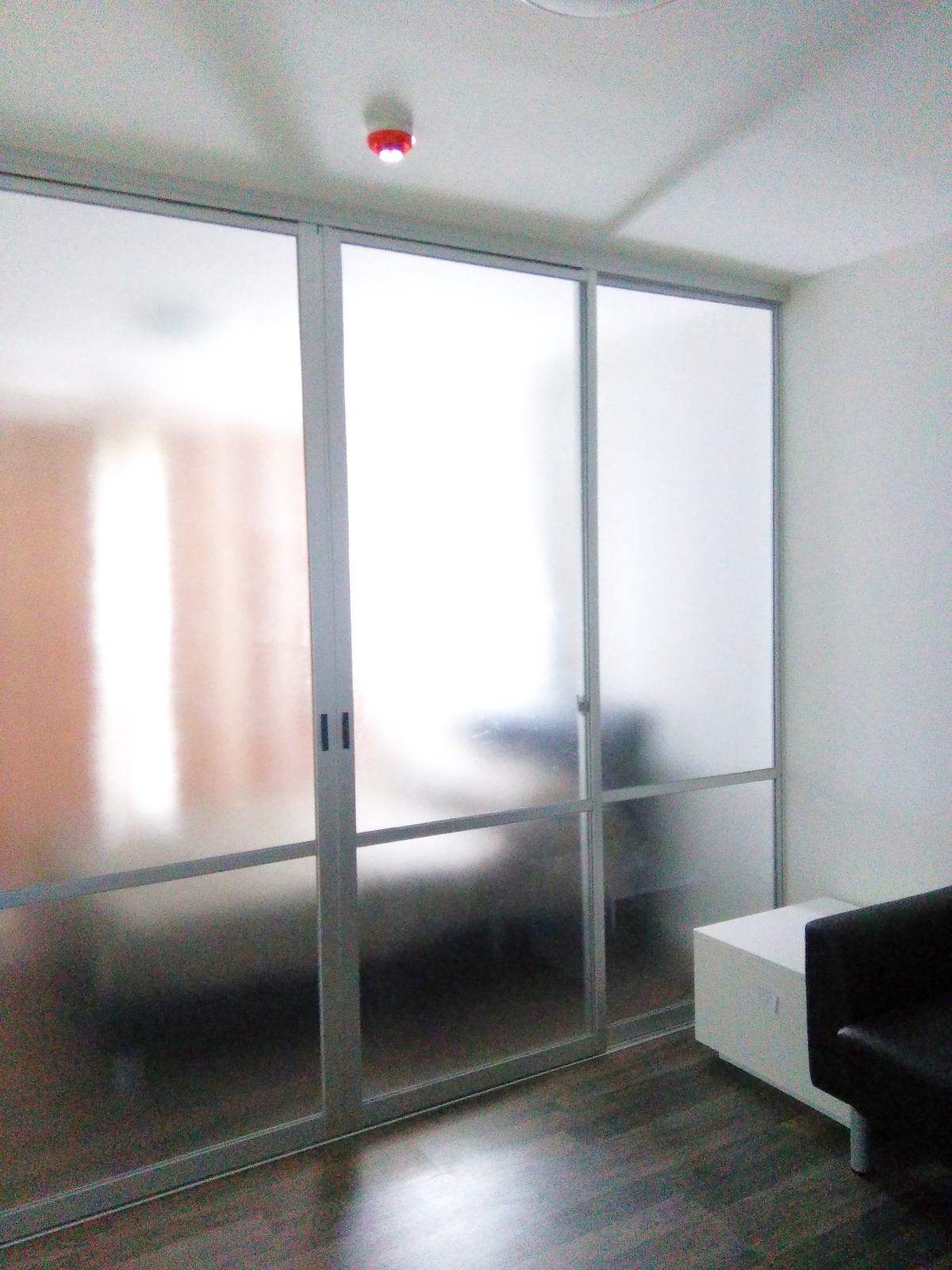 A frosted glass partition creates a sense of privacy within the room, separating the sleeping area from the living space. Soft natural light filters through the glass, enhancing the tranquil atmosphere. A small white table and dark sofa are positioned in the foreground.