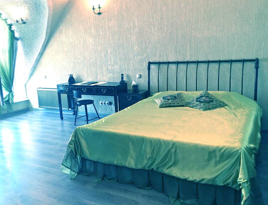 Bedroom. Balcony. King size bed.