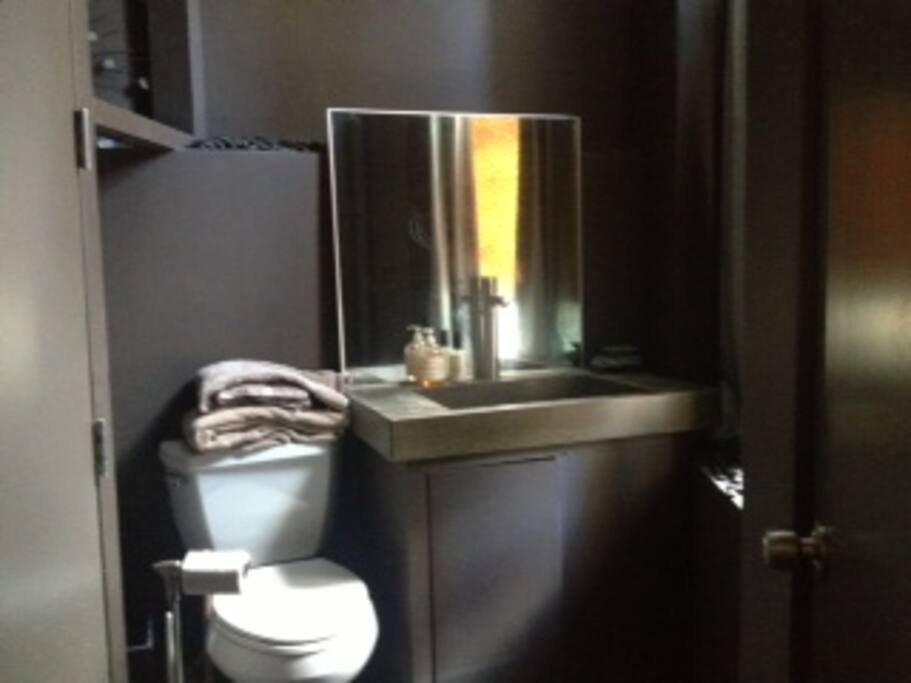 Small bathroom with stand up shower.
