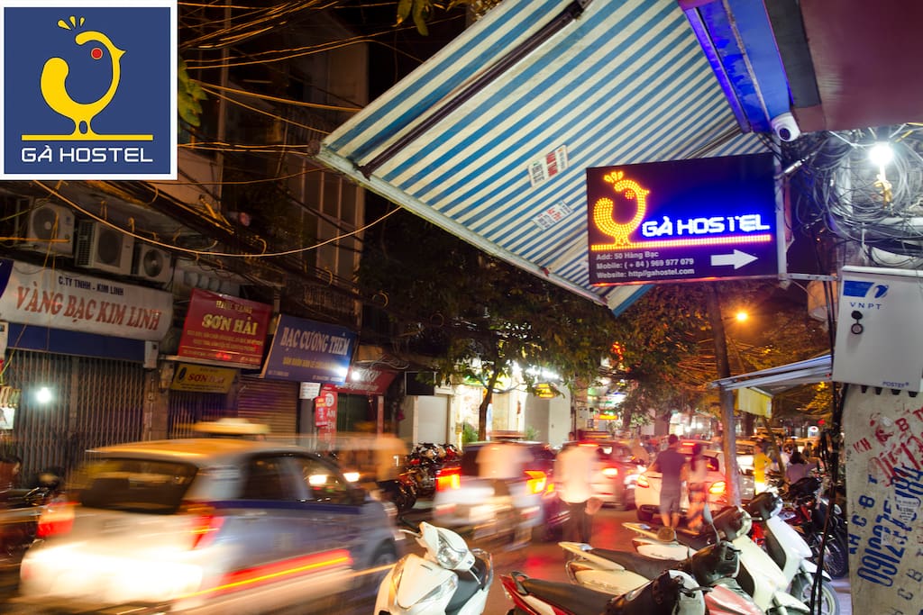 Sign board at 50 Hang Bac street. Just follow the light to get into Ga hostel