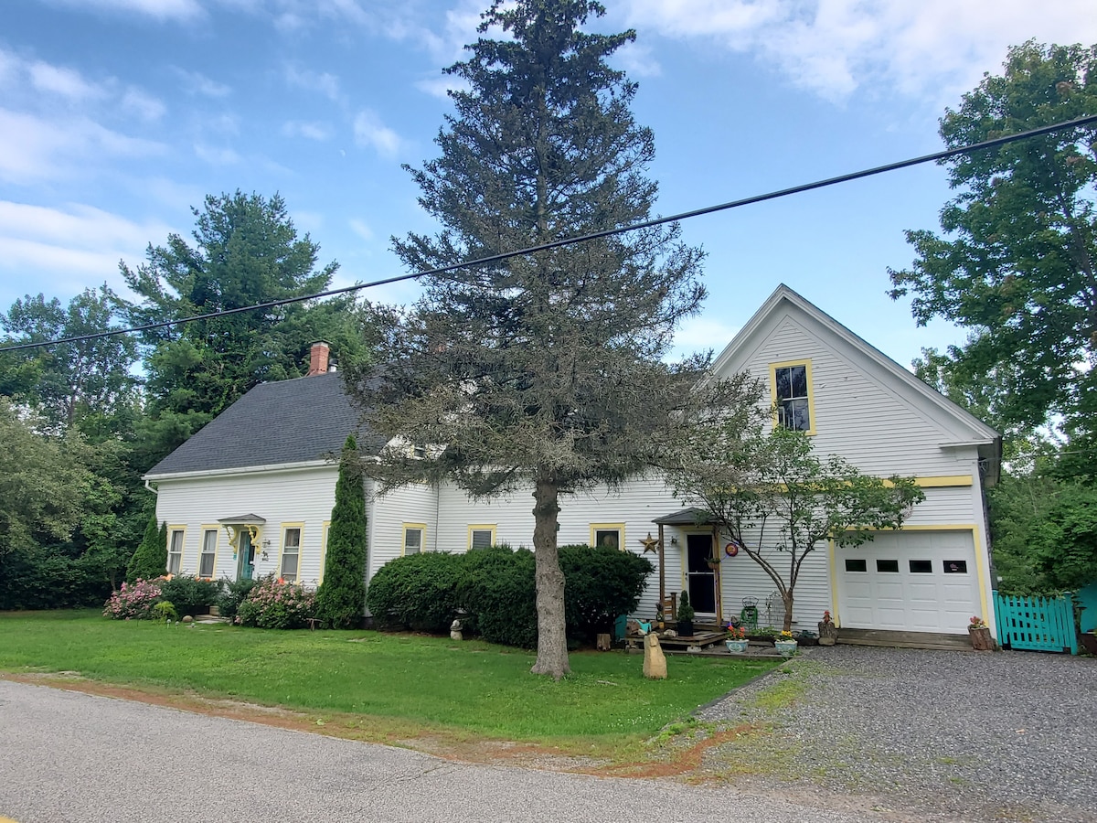A charming farmhouse is set on a quiet street, featuring white siding and a welcoming front yard. A large evergreen tree provides shade, accompanied by well-kept shrubs and colorful flowers. A spacious driveway leads to a garage, adding to the home's inviting exterior.