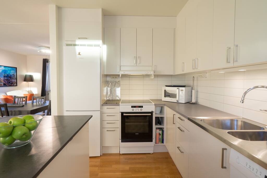 Kök med induktionsspis och mikrovågsugn mm (Kitchen with induction stove, microwave etc)