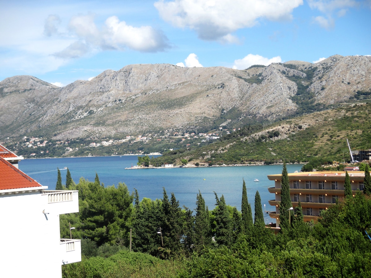 A coastal landscape is displayed, featuring a tranquil sea bordered by rolling hills and lush greenery. The image captures distant mountains and the outline of a town along the shoreline, with a gentle contrast between the water and the land.