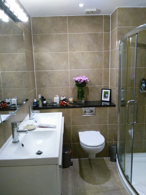 Bright bathroom with walk in shower