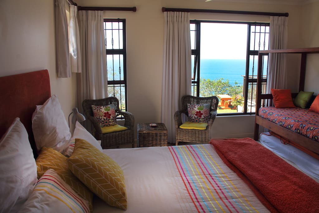 King Size (extra length) bed with stunning sea views. Single bed and single mattress. single mattresses