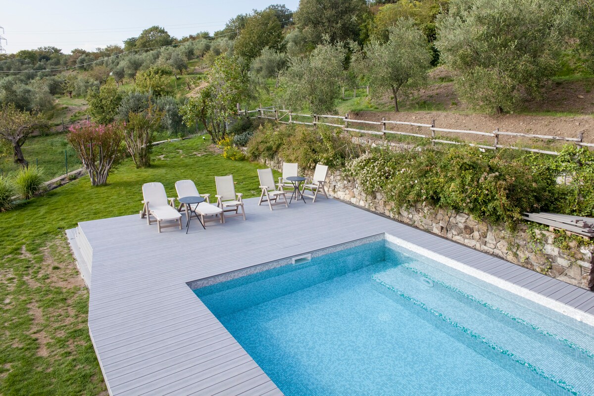 A serene outdoor pool area is surrounded by a wooden deck and gardens, featuring six lounge chairs positioned for relaxation. Lush greenery and olive trees are visible in the background, creating a peaceful setting for guests.