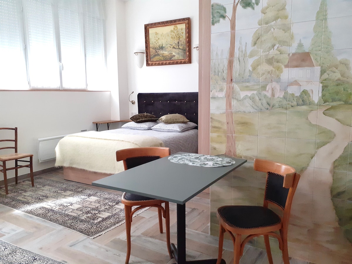 A well-lit studio features a comfortable bed with soft bedding, accompanied by a charming mural depicting a serene landscape on one wall. A small table and two wooden chairs provide a cozy dining space, while a patterned rug enhances the warmth of the room.