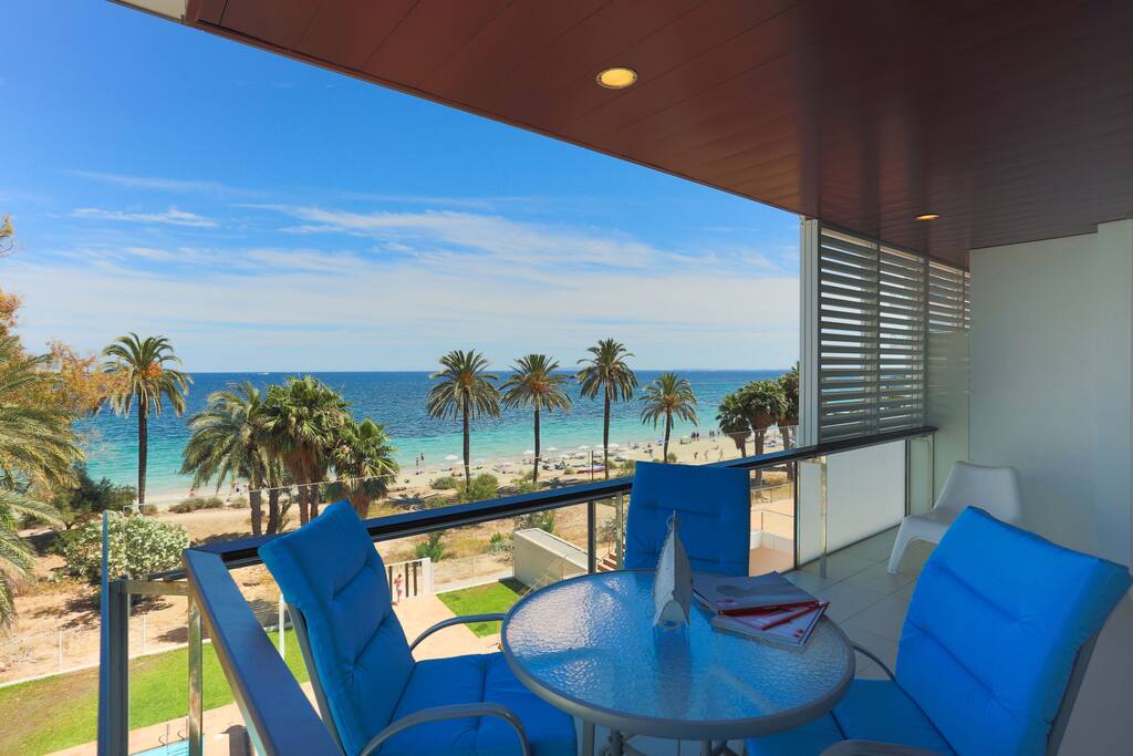 Terrace with outdoor dining and sea views