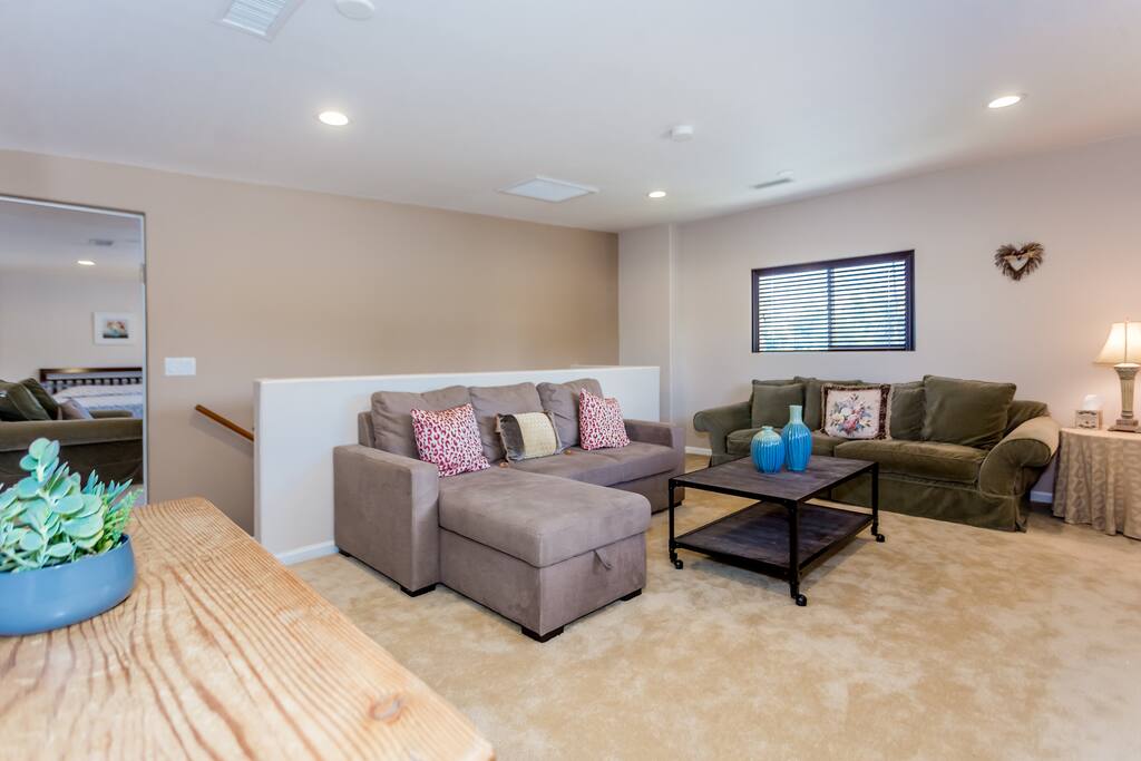 Second story living room with T.V., one sofa and one sofa bed that opens to full size bed.