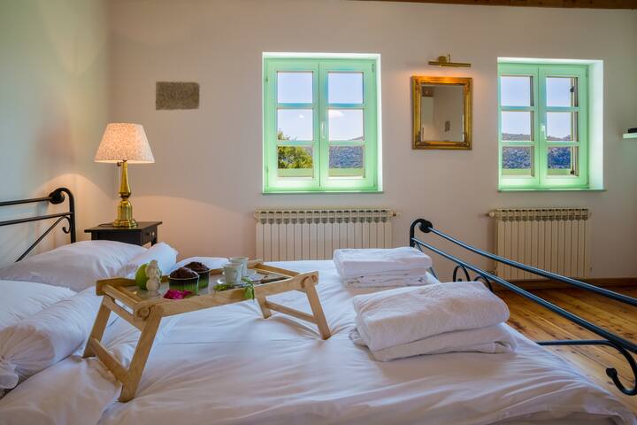 Suita kryesore 45 metra katrorë me banjë të madhe, tavolinë biznesi, pamje panoramike, ajër të kondicionuar, televizor satelitor, kasafortë...
Krevat dopio "king size" dhe krevat tek (ose krevat dopio "king") 2 + 2 vizitorë. 