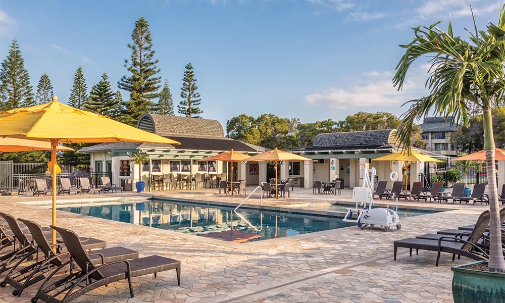 A clear view of a sparkling pool surrounded by lounge chairs and yellow umbrellas. A poolside area includes a small building offering refreshments and amenities, accented by leafy palm trees and lush greenery in the background.