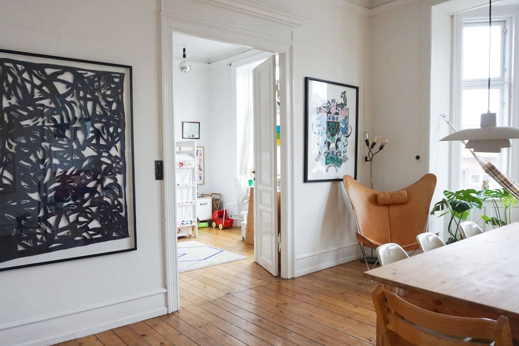 View of how the dining room and kids room connect