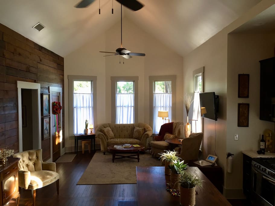 The living area of the cottage is open and airy.