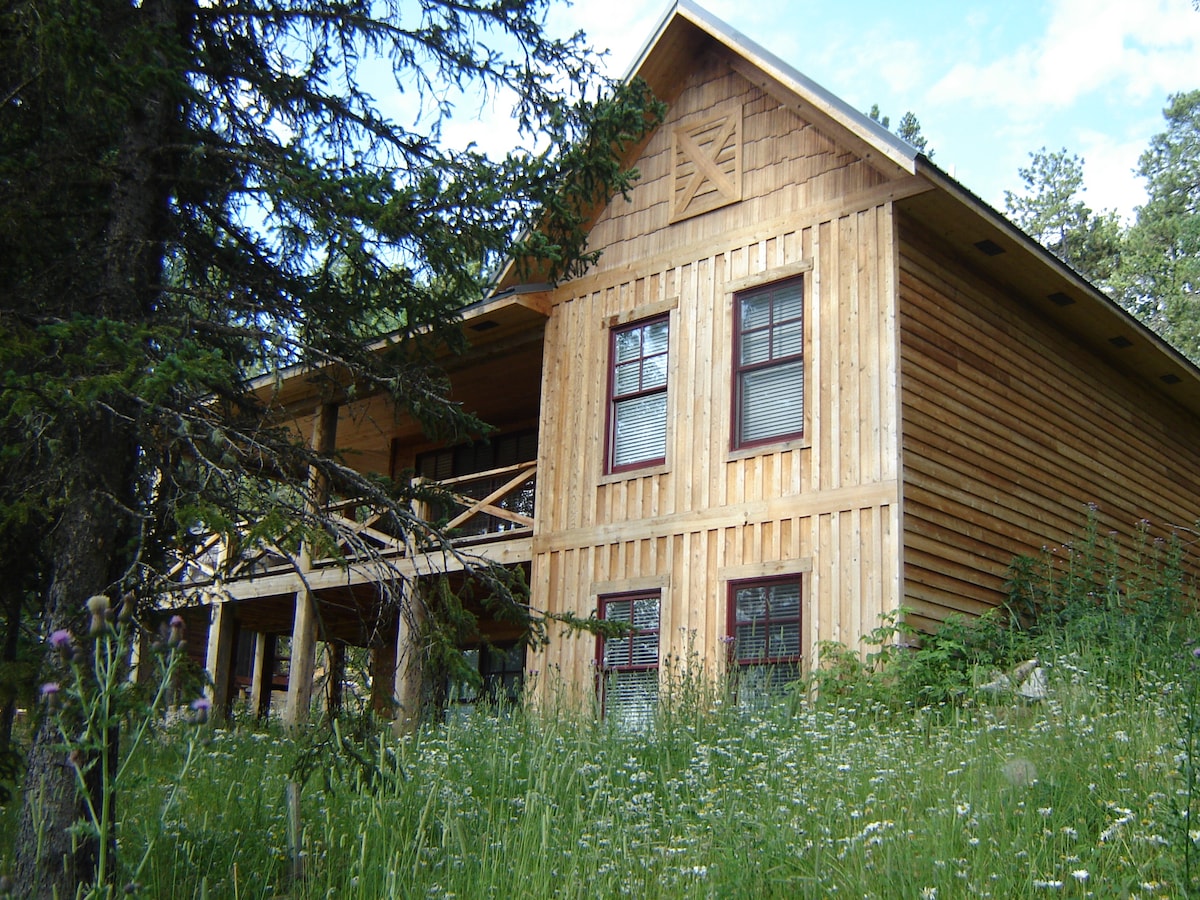 This cabin features a rustic wooden exterior with multiple windows framed by greenery. A spacious porch extends across the front, providing access to outdoor seating. Surrounding wildflowers and bushes create a natural landscape, while tall trees provide shade and a sense of privacy.