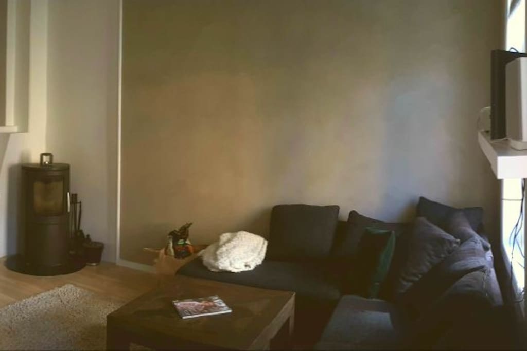 This is the large living room with an equally large couch :D also has a fireplace