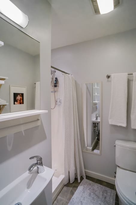 Bathroom. Brand new Toto toilet. Shower stall and plenty of shelf space. Fresh towels, bathroom essentials and hair dryer provided.