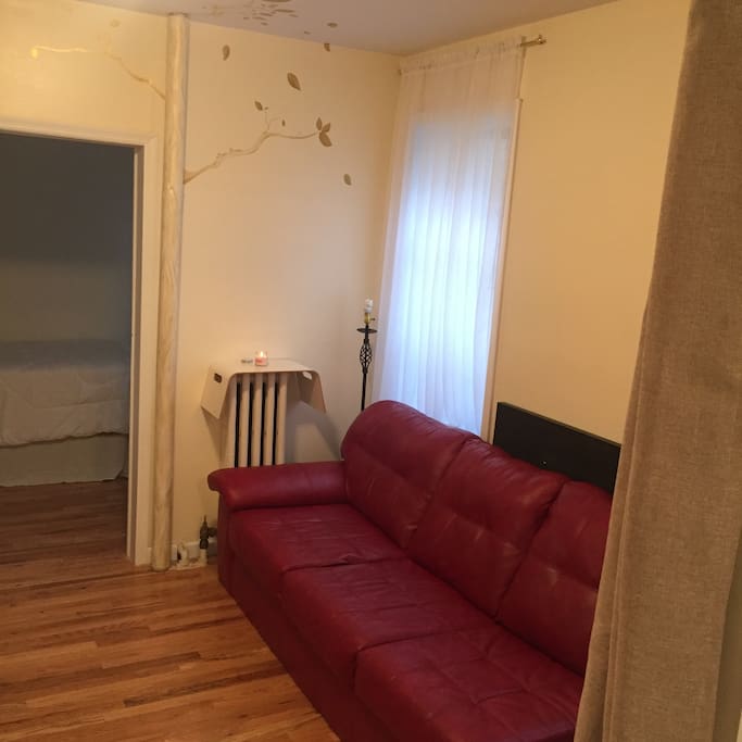Spacious living room with huge couch and lots of natural light. This room could be doubled as a 2nd bedroom.