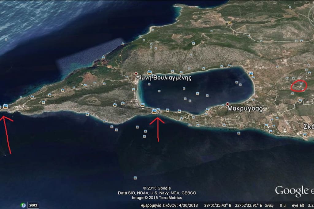 The first arrow shows the area of the ancient ruins, the second one show’s the opening of the formed lake to the sea, and the circle shows the exact spot of the house
