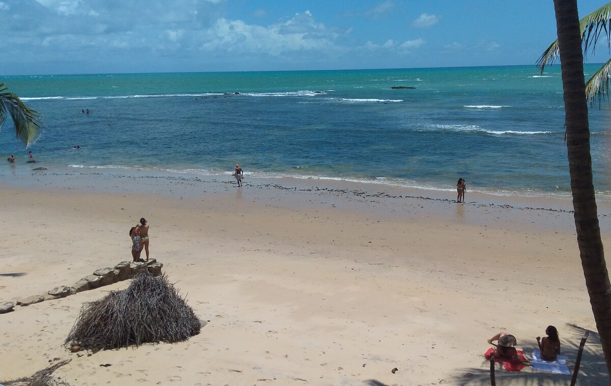 A beach scene is depicted, featuring soft sand and gently lapping waves under a clear blue sky. People are seen enjoying the water, while palm trees provide shade in the foreground. A small cluster of dried vegetation is present near the shore.