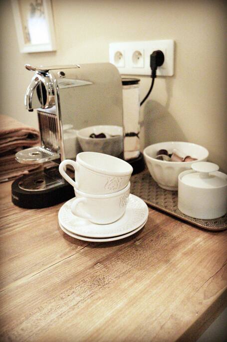 Coffee machine and plenty of coffee.