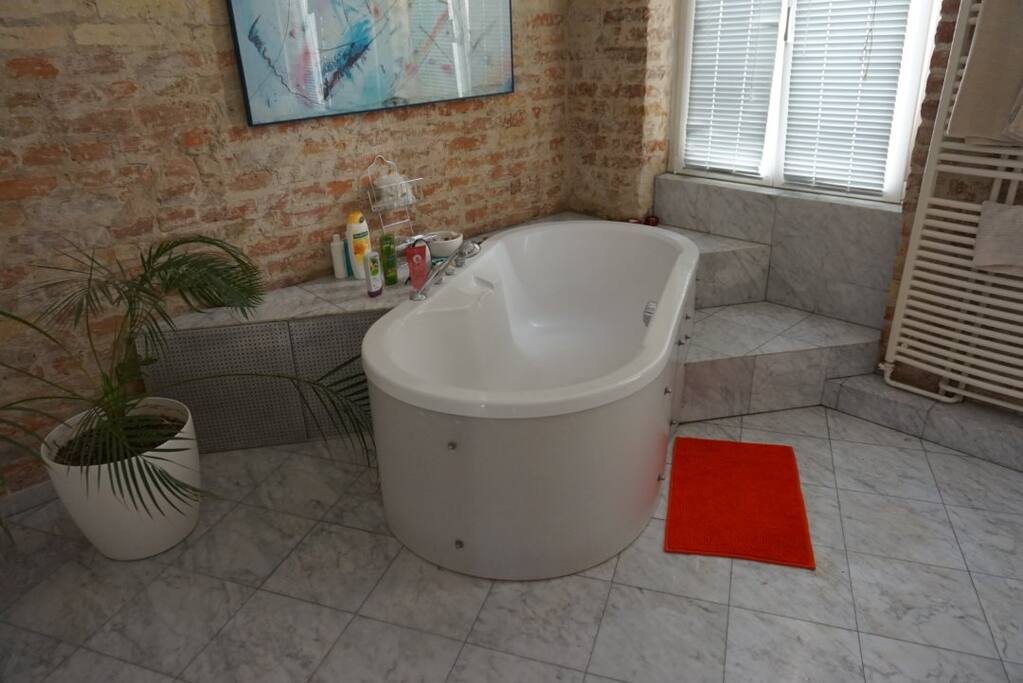 Spacious bathroom with bathtub shared with one other person