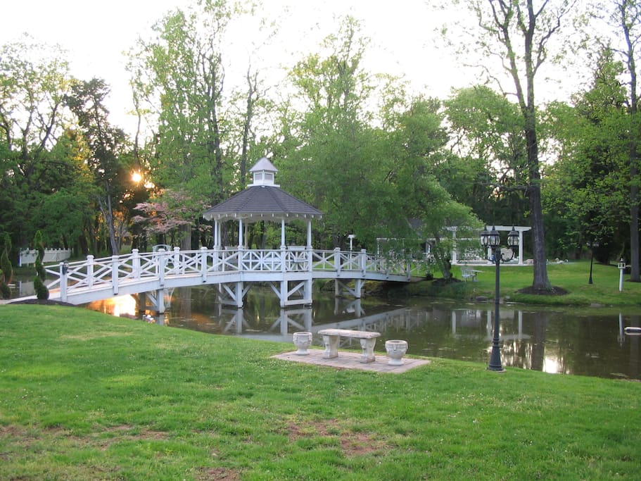 The backyard pond and bridge to the pool area.