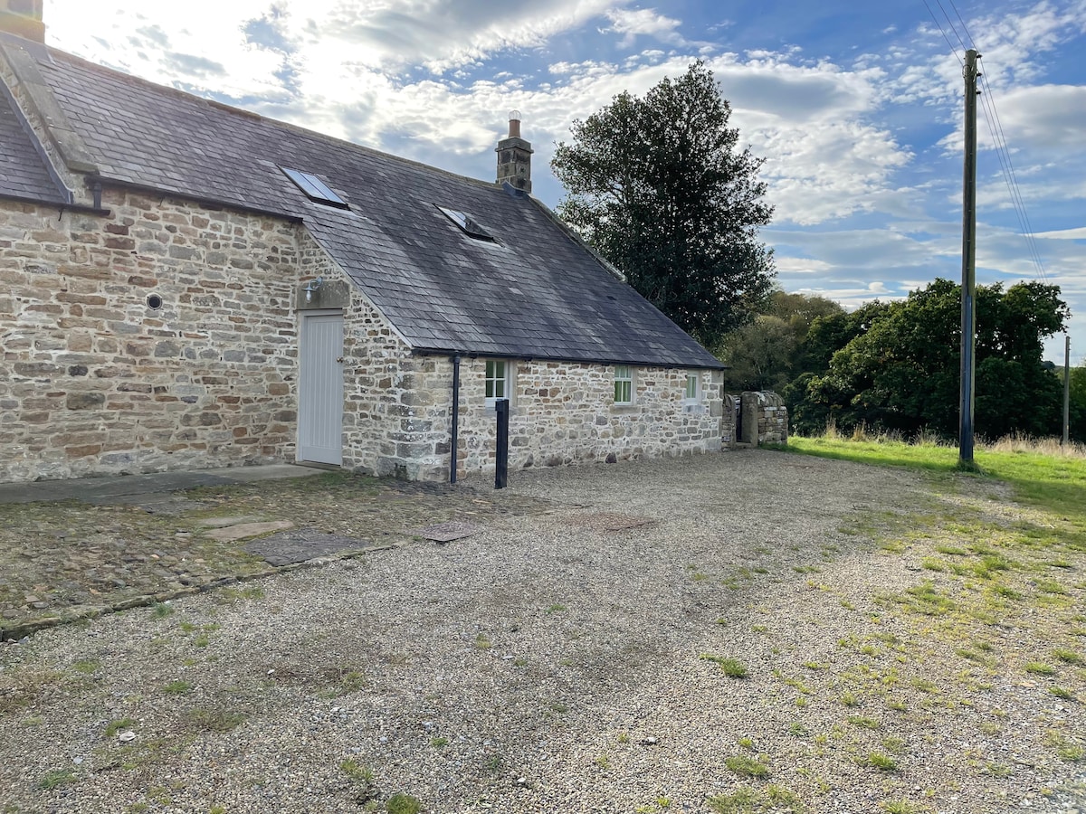 The exterior of a restored Northumbrian stone cottage is visible, featuring a sloping roof and a blend of stone and wood elements. A gravel parking area is present in front, flanked by green grass and trees. Clear skies with scattered clouds enhance the serene setting.