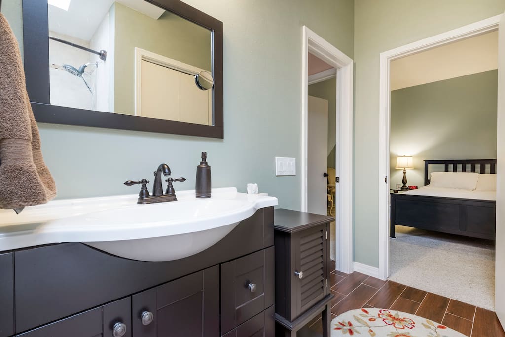 Private bath access from bedroom or front entry