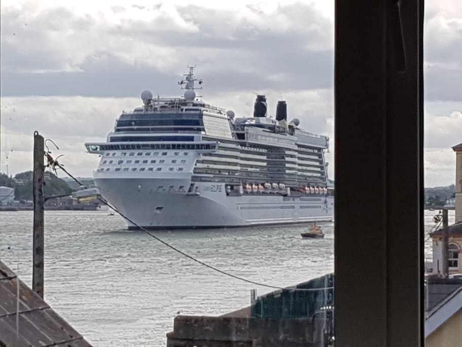 view from Kitchen window, the cruise liner heading off