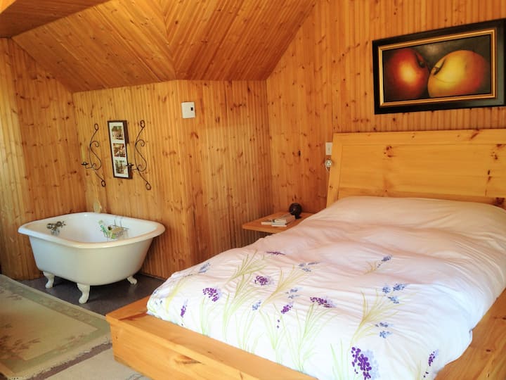 La chambre principale
Située à l'étage, cette chambre avec lit double offre une magnifique vue sur le jardin. Une baignoire est à votre disposition. Dans la pièce attenante vous avez une salle d'eau avec lavabo et toilette