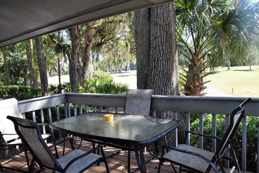 Patio overlooking 8th tee box of George Fazio golf course