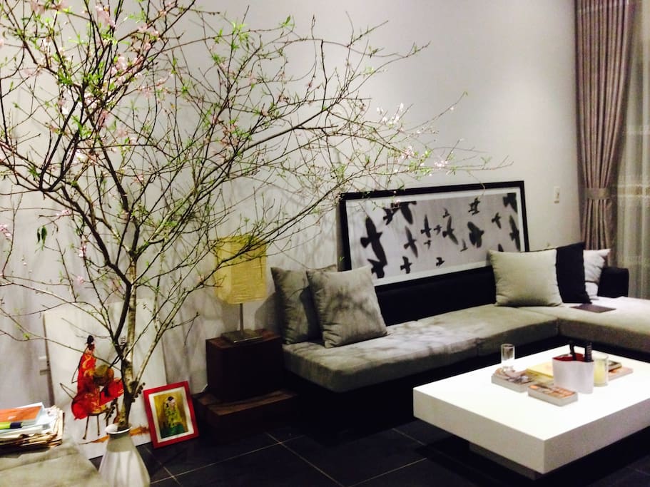 In the Spring around Tet (our Traditional New Year), the apartment is adorned with a branch of cherry blossom.
