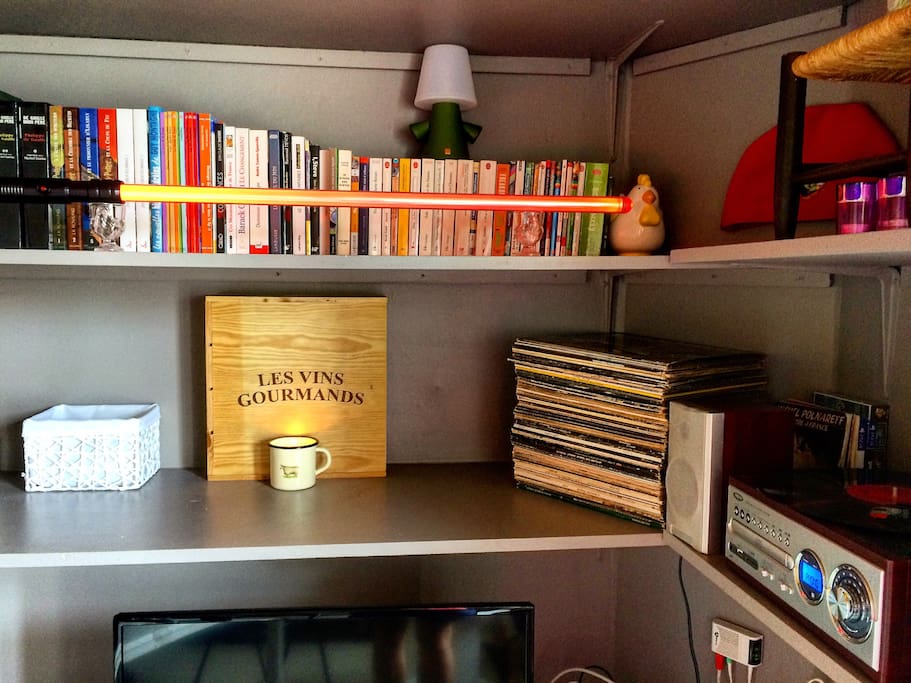 Platine pour lecture de disques vinyles, large bibliothèque, télévision écran plat