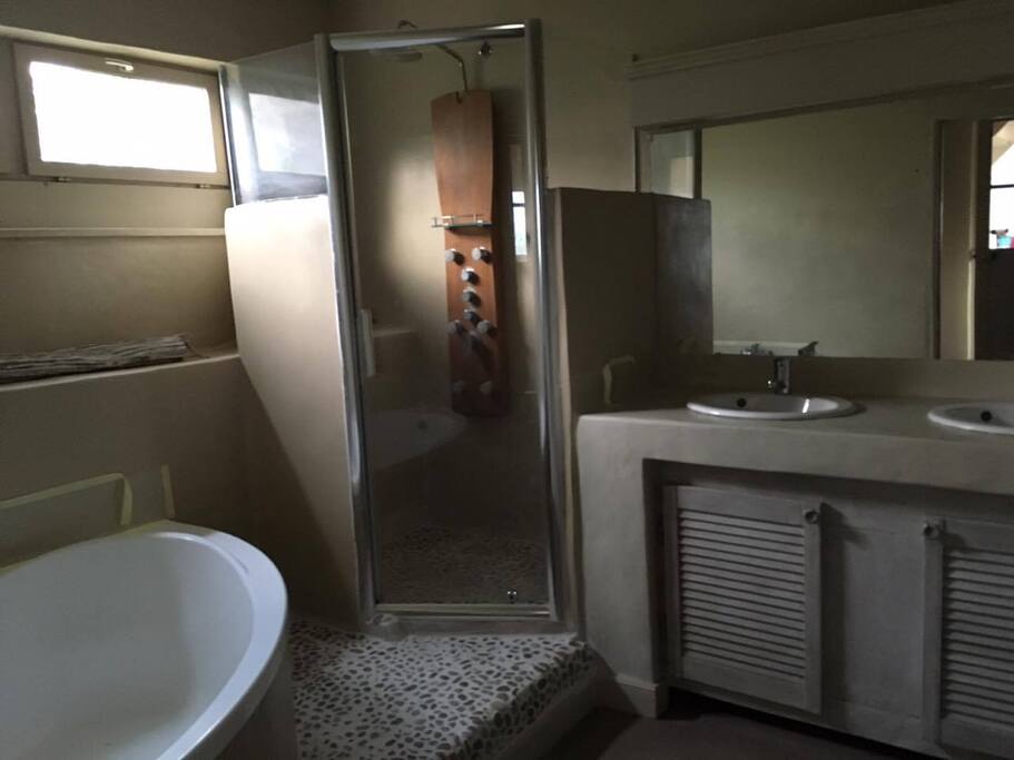 Salle de bain avec douche et baignoire