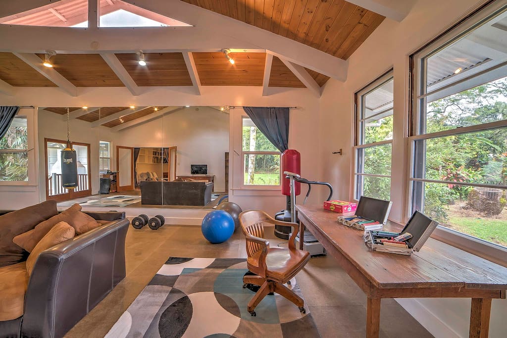 The bonus room offers additional space for guests and fitness equipment.