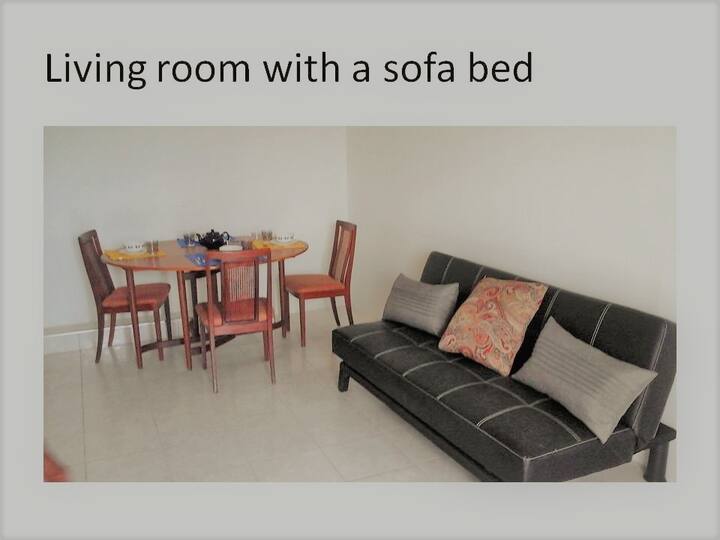 The living room looks out over the farm, where you can see banana, pear pomegranate and other trees.  The sofa can be converted into a bed. This means the apartment can comfortably accommodate  up to four people.