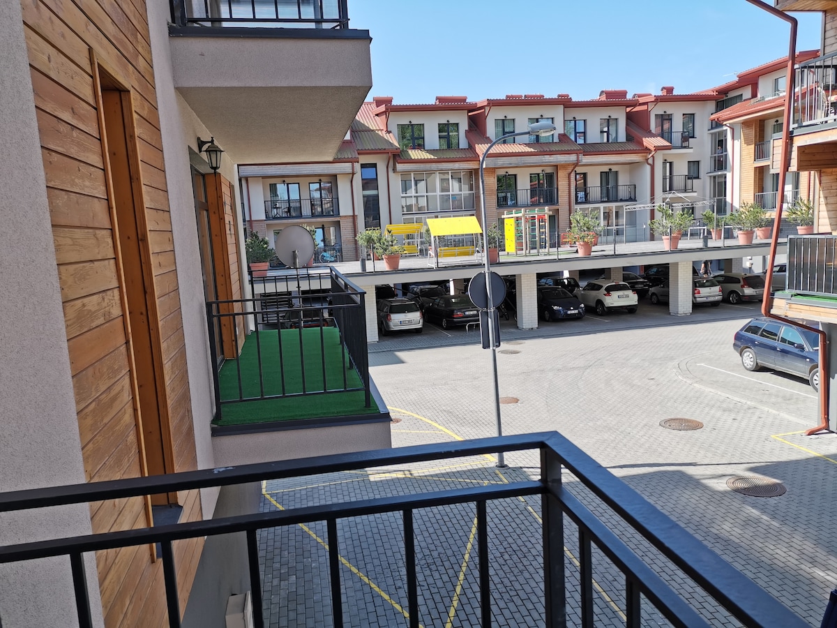A balcony view is presented, overlooking a parking area surrounded by charming buildings. Green carpets adorn the balcony floor, while potted plants add a touch of nature. Multiple parked vehicles are visible in a well-organized layout beneath the structures, and clear blue skies create a bright atmosphere.