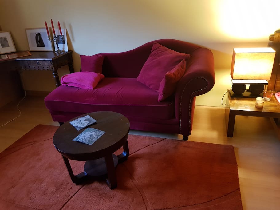 un petit salon cosy, un canapé en velours rouge, un bureau d'angle en sheesham tout droit venu des Indes, une connexion Wifi!