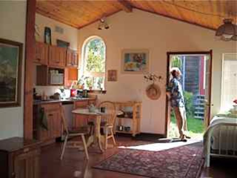 Kitchen + extra bed/couch on the right