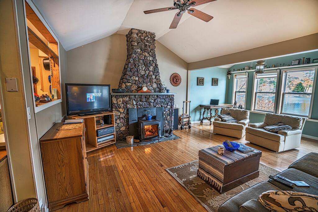 Wood burning stove is cozy and TV has Roku. High speed WiFi as well.