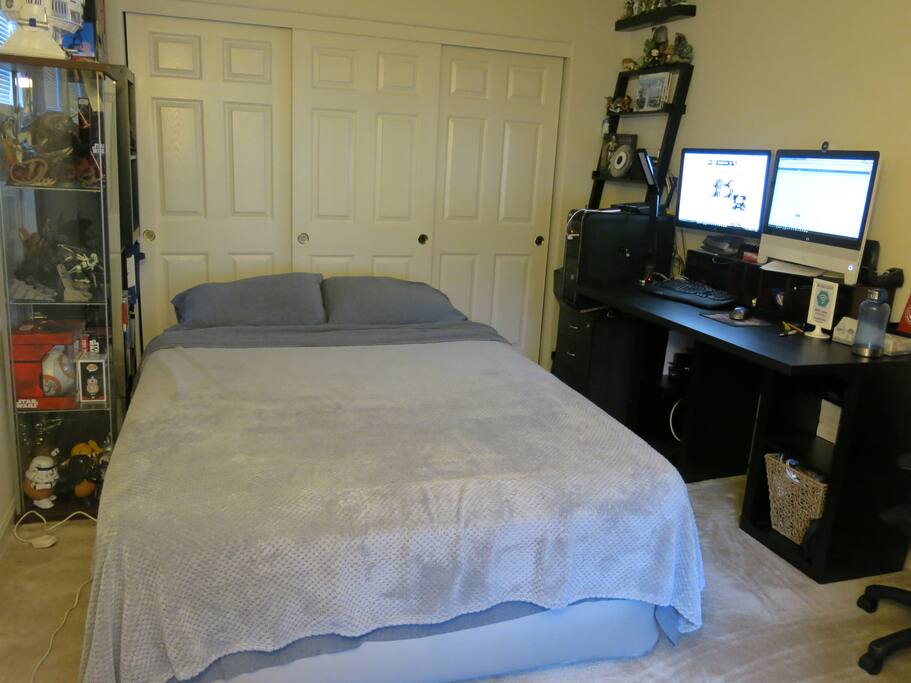 You can use part of the left closet side for hanging your clothes if needed.