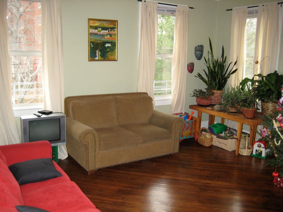 Lots of bright windows, couch and large love seat as well as rocking chair, TV trays, full cable and internet service