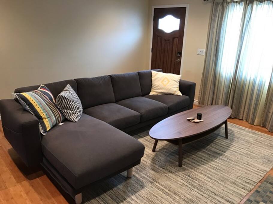 Cozy yet spacious living room with fireplace