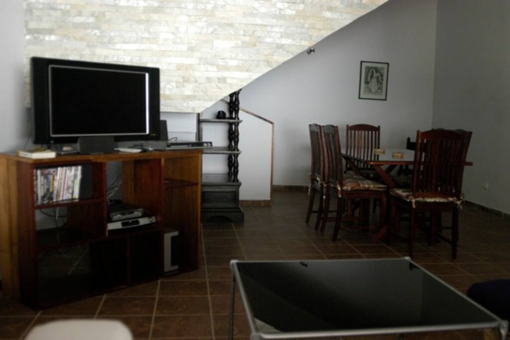 Living and dining room set up.