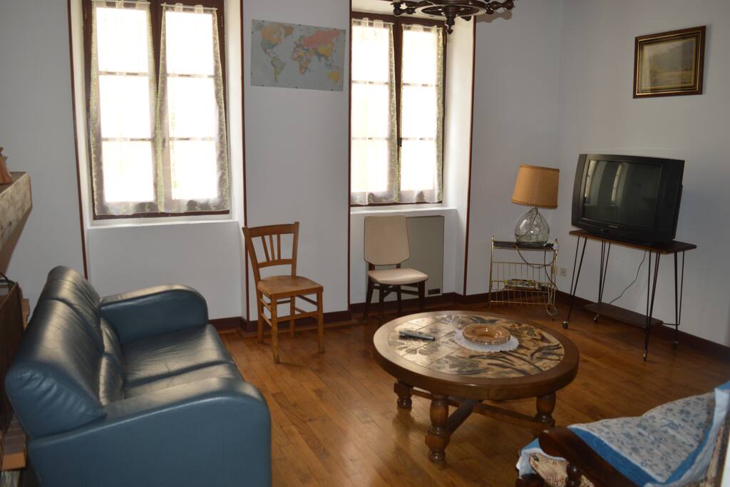 Salon avec canapé et TV