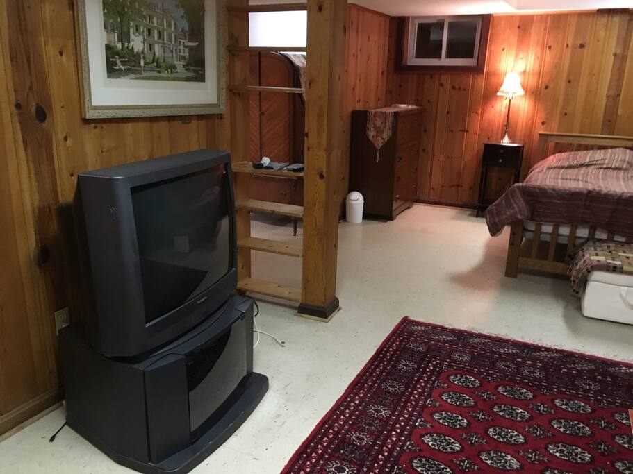 TV in living room; king bed