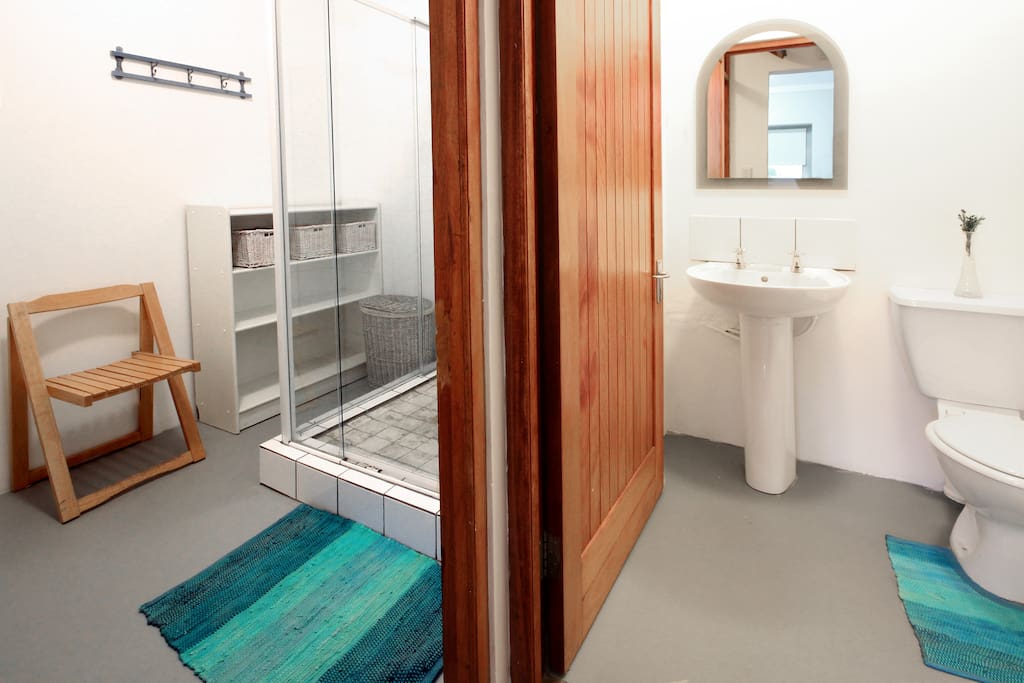 Bathroom with shower, cupboards, closet an seperate toilet.