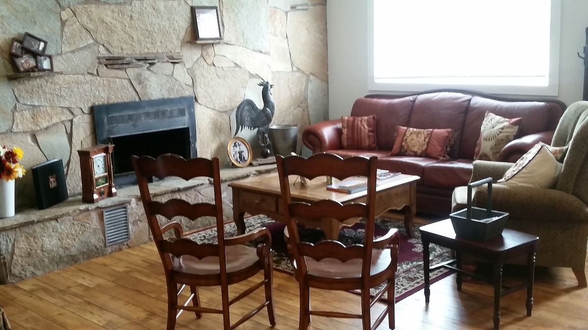 A cozy living area features a stone fireplace with a wooden mantel, complemented by a leather sofa and a green armchair. A wooden coffee table is set in front, surrounded by two wooden chairs, and a small side table adds functional space.